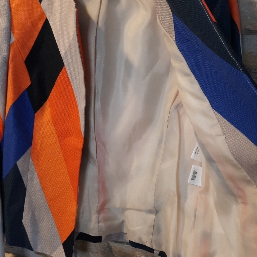 Anne Klein Blazer Open Front Geometric Blue Orange 100% Cotton Size 4 - Picture 6 of 12